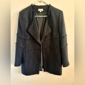 LOFT Black Textured Open Front Blazer with Frayed Trim